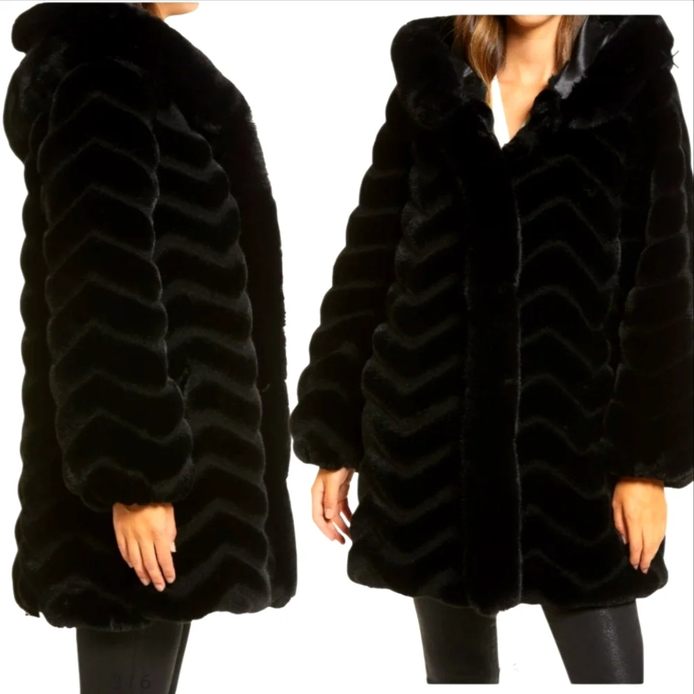 Gallery Hooded Black Faux Fur Jacket Sz L - Picture 6 of 16